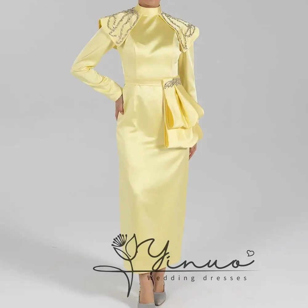 

customized Evening Dresses Tea-length High-neck Full Sleeve Prom Gown Fashion Stole Sequined Simple Pleat Party Gown