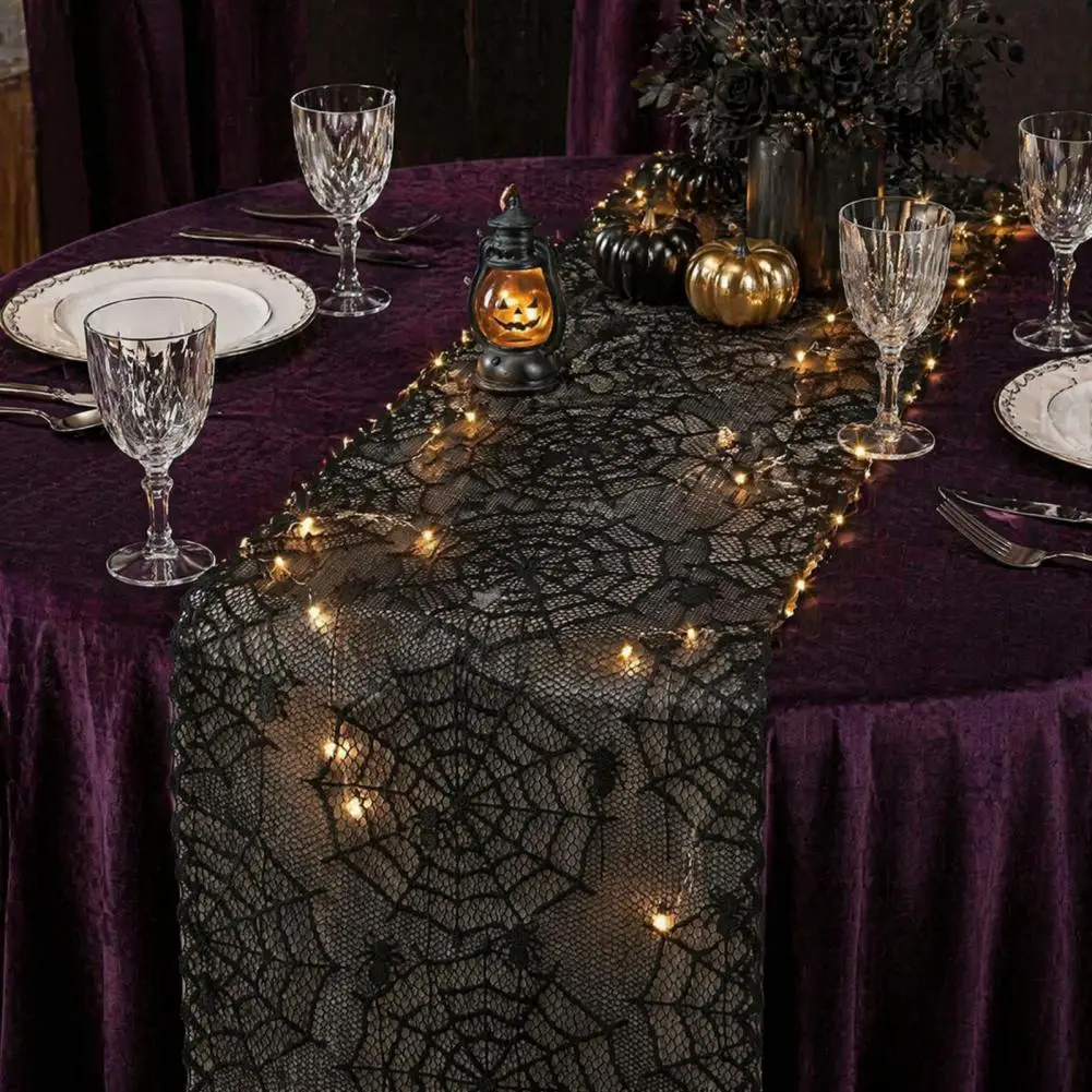 Style Table Runner Halloween Tablecloth Lace Table Runner Black Spider Web Decor Halloween Dining Table Accent Holiday
