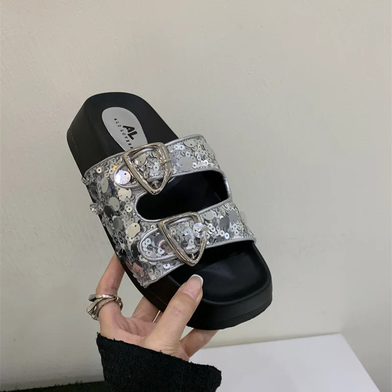 

House Slippers Platform Shoes Slides Low Slipers Women Fashion Rubber Silver Summer 2024 Luxury Rome Scandals Bling Fabric Hoof