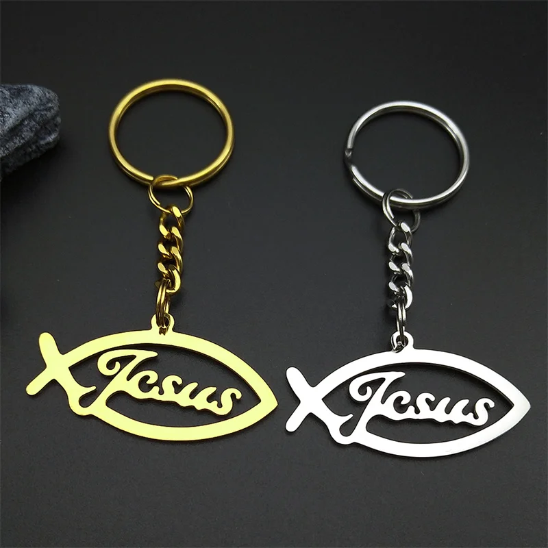 

Jesus Fish Pendant Keychain For Women Men Stainless Steel Gold Silver Color Religion Christian Amulet Keyring Jewelry Gifts