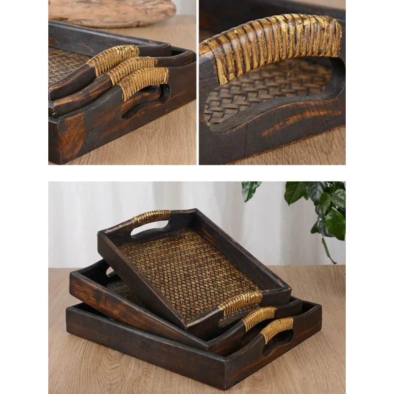 Nampan rotan ABWR-3PCS, nampan kayu Retro melayani piring makan malam makanan ringan makanan penutup nampan makanan buah kayu