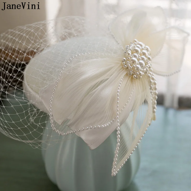 JaneVini – chapeau de mariage blanc élégant, avec épingles à cheveux et Clips, nœud en perle, voile de visage en maille, chapeaux de mariée, fête Cocktail, accessoires pour cheveux