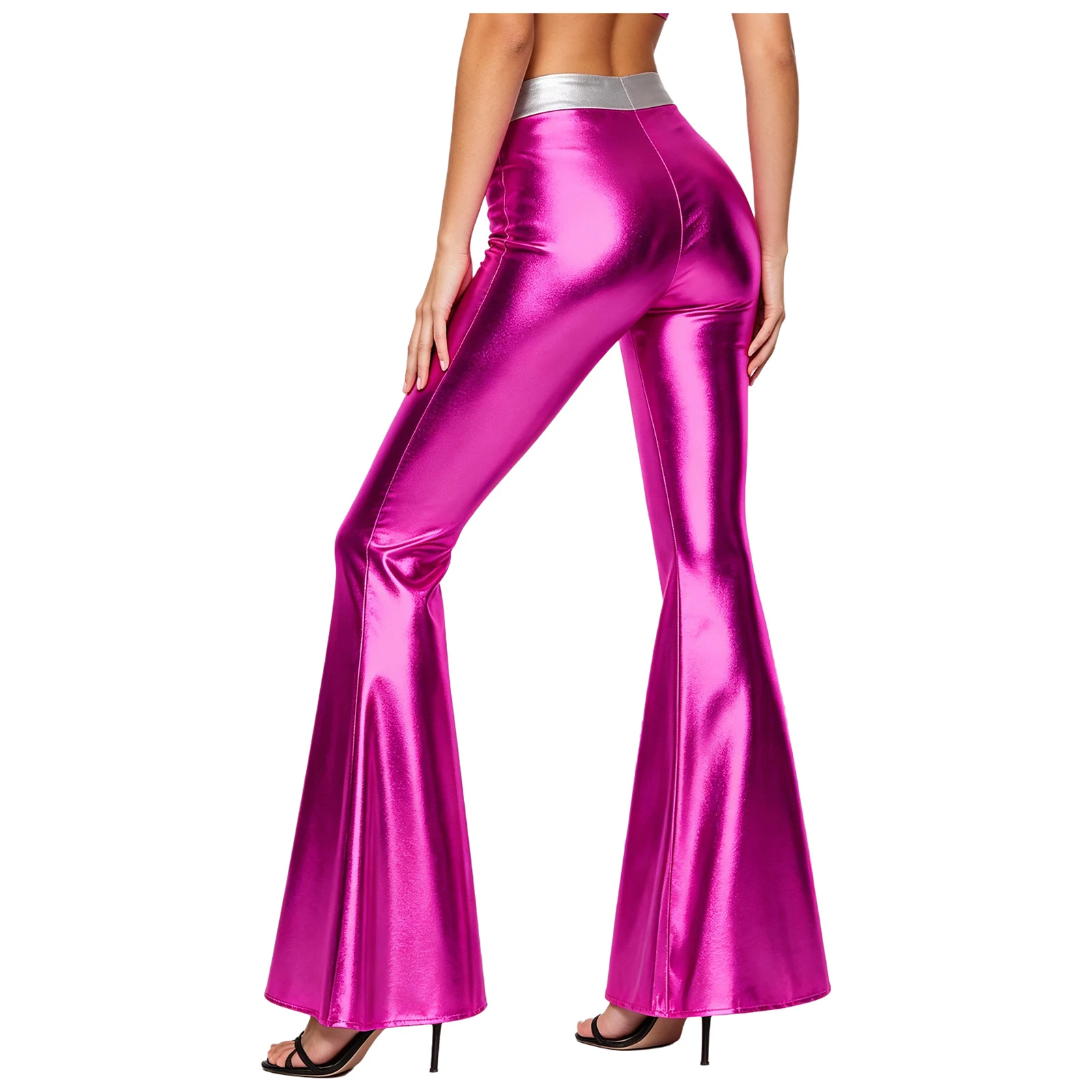 Women Metallic Disco Pants V-front Side Zipper Color-blocked Bell-bottom Trousers for Halloween Cosplay Party Club Performance