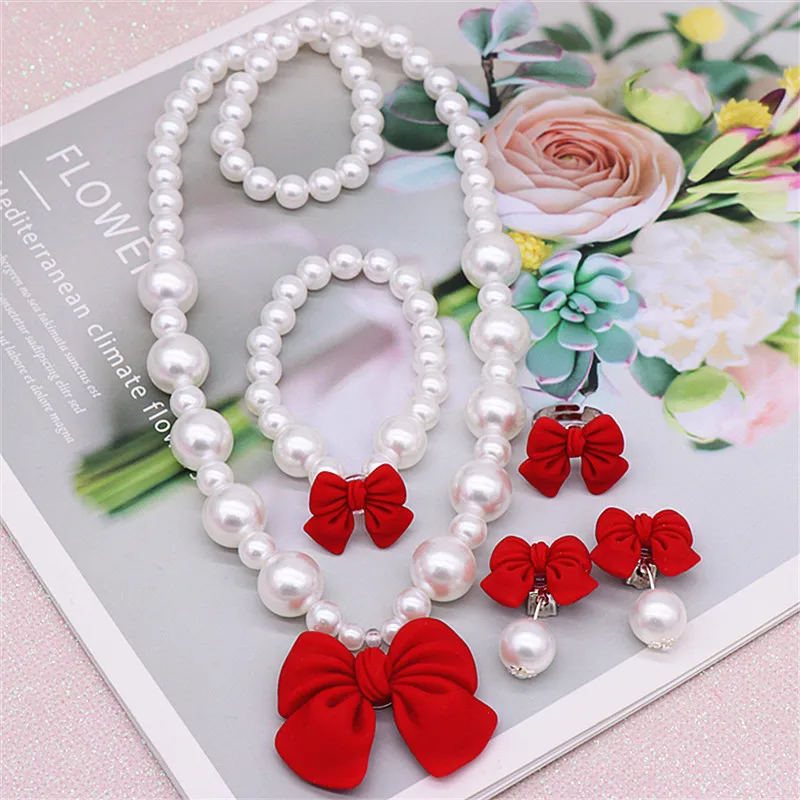 2/4Pcs Children 's Necklace Set Cute Bowknot Pendant Pearl Necklace Bracelet Ear Clip Girl Jewelry Accessories Girls Gifts