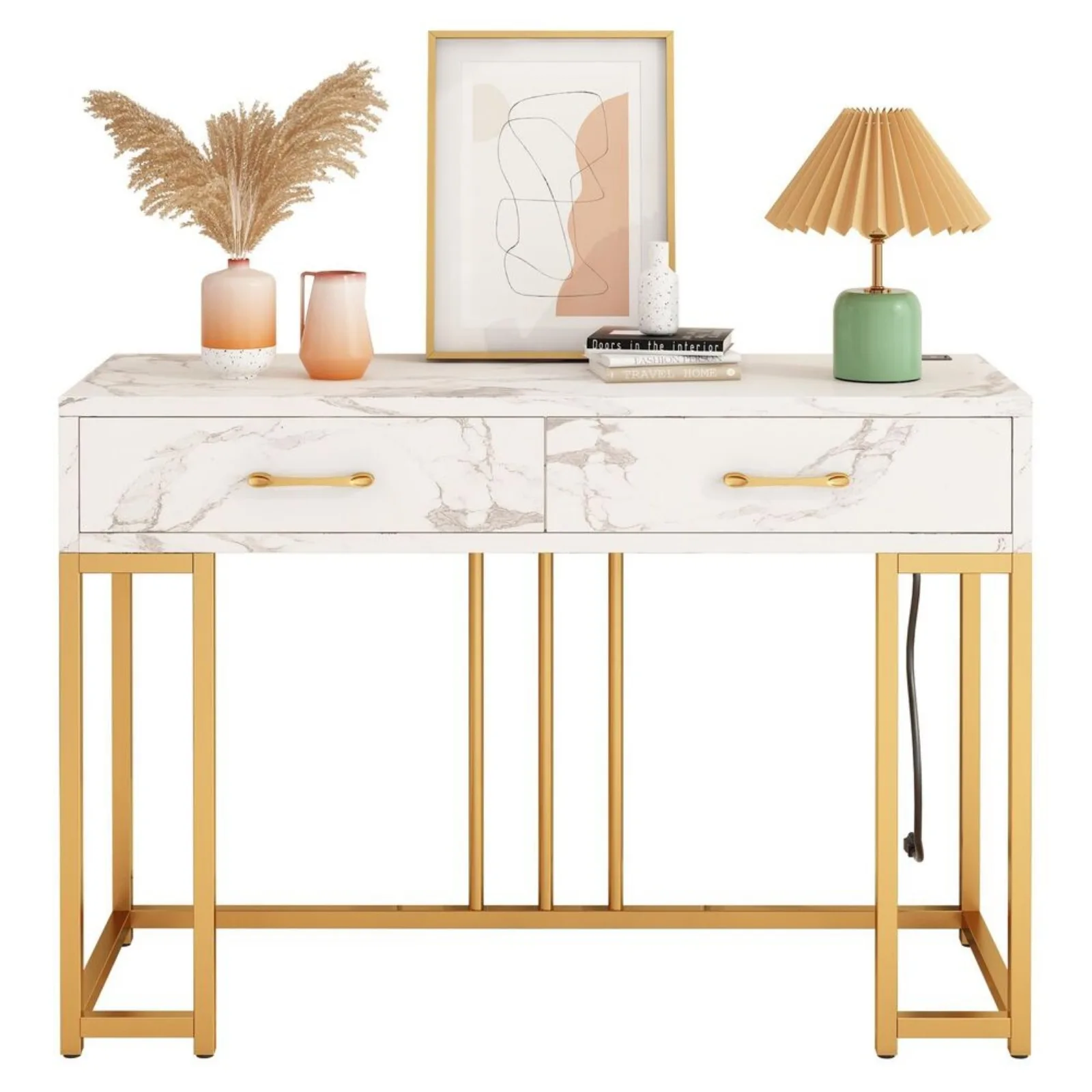 US 2-layer console table suitable for entrance, artificial marble, medium density fiberboard sofa table with gold frame