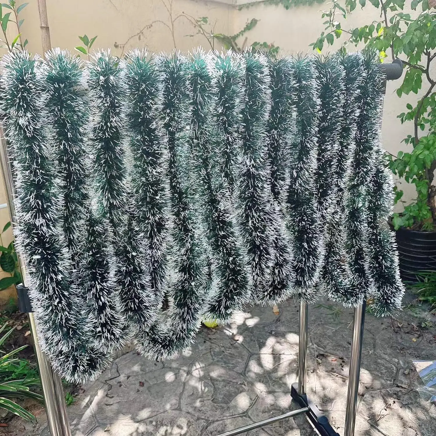 Tinsel Garland Decoration - Green White Snow Christmas Tinsel Garland