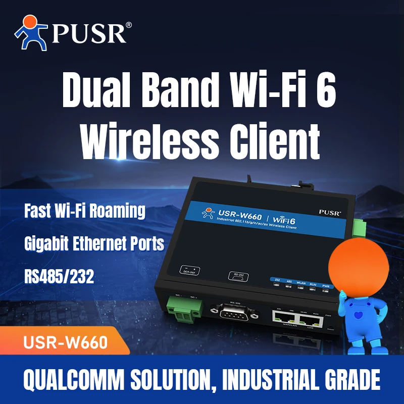 PUSR Dual Band Serial to WiFi6 Converter with MQTT SSL Quacomm WiFi Roaming Gigabit Port RS232 RS485 to WiFi6/Ethernet USR-W660