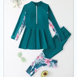 Girl Two Pieces Suit 5-12 Year Children Long Sleeve Skirt Swimsuit 2025 Kid Flower Print Swimwear Burkini Muslim Bathing Suit