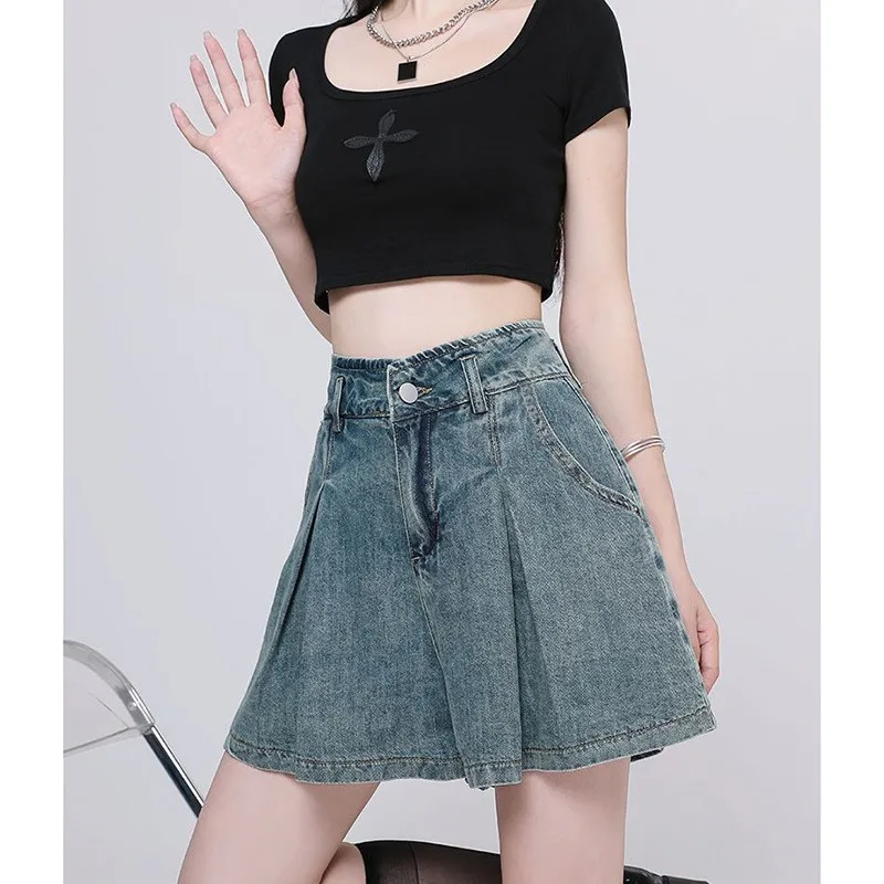 Women's High Waist Cotton Wide Leg Loose Fit A Line Pleated Slimming Casual Spring Summer Mini Length Solid Color Button Front