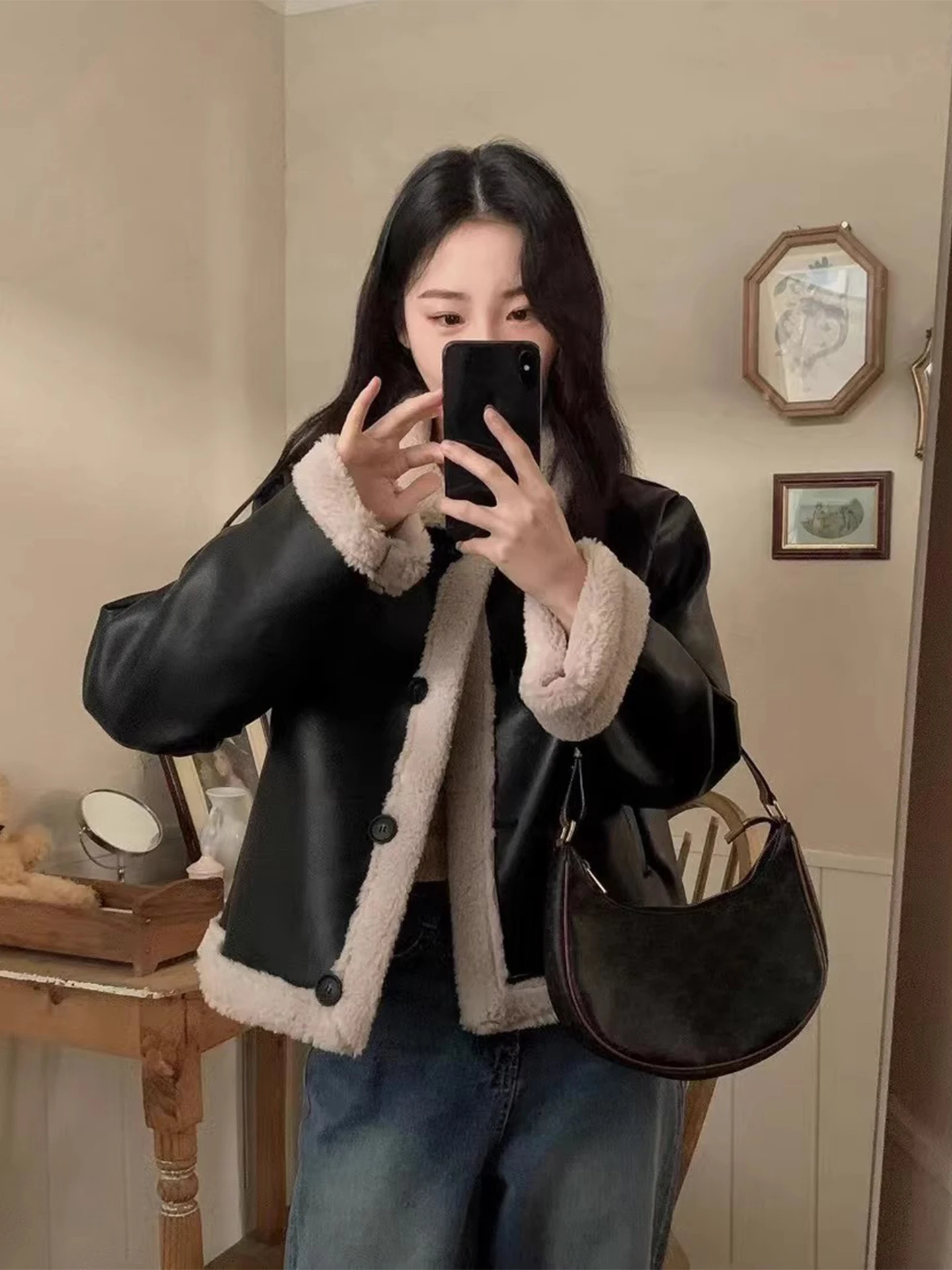 Sli ريترو بولي Leather الجلود Jaet المرأة معطف الفراء اصطف سترة راكب الدراجة الشتاء جديد صغير الحجم Jaet معطف جلد Faionable