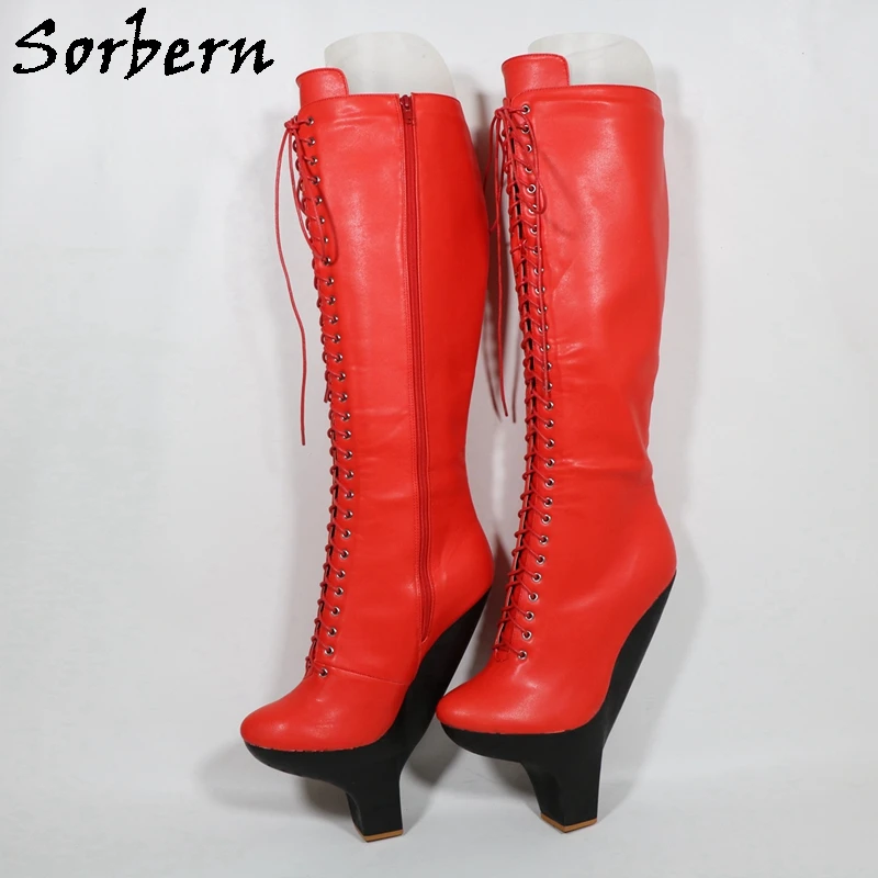 Sorbern Red Matte Hard Shaft Boots For Women Small Heels Knee Hjigh Lace Up Fetish Cosplay Boots Custom Colors