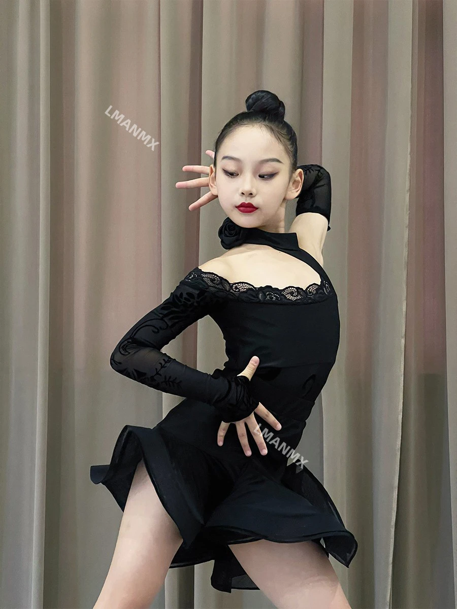 2024 New Children's Latin Dance Dress Black Autumn Edition Children's Autumn High end Professional Practice Dress