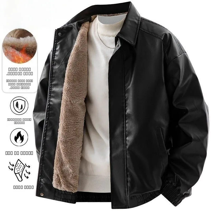 

2025 New American Retro Leather Jaet Men's Fce Lined Thiened Winter Loose Leather Jaet Faion Urban Casual