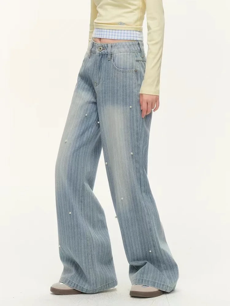 2025 Trashy Y2K Fashion Pearl Striped Washed Blue Baggy Jeans Pants For Women Clothing Wide Leg Lady Denim Trousers Ropa Mujer