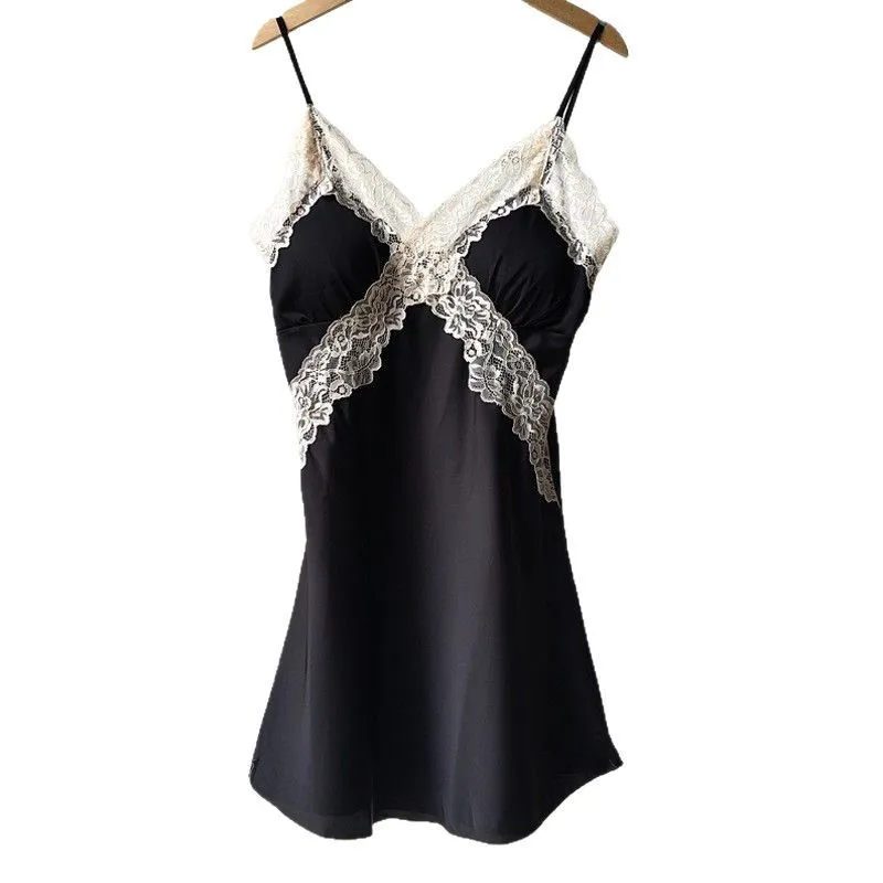

V-neck Sexy Suspender Women's Ice Silk Pajamas Pure Desire Short Skirt French Style with Large Size Chest Pad Loungewear Cw68705