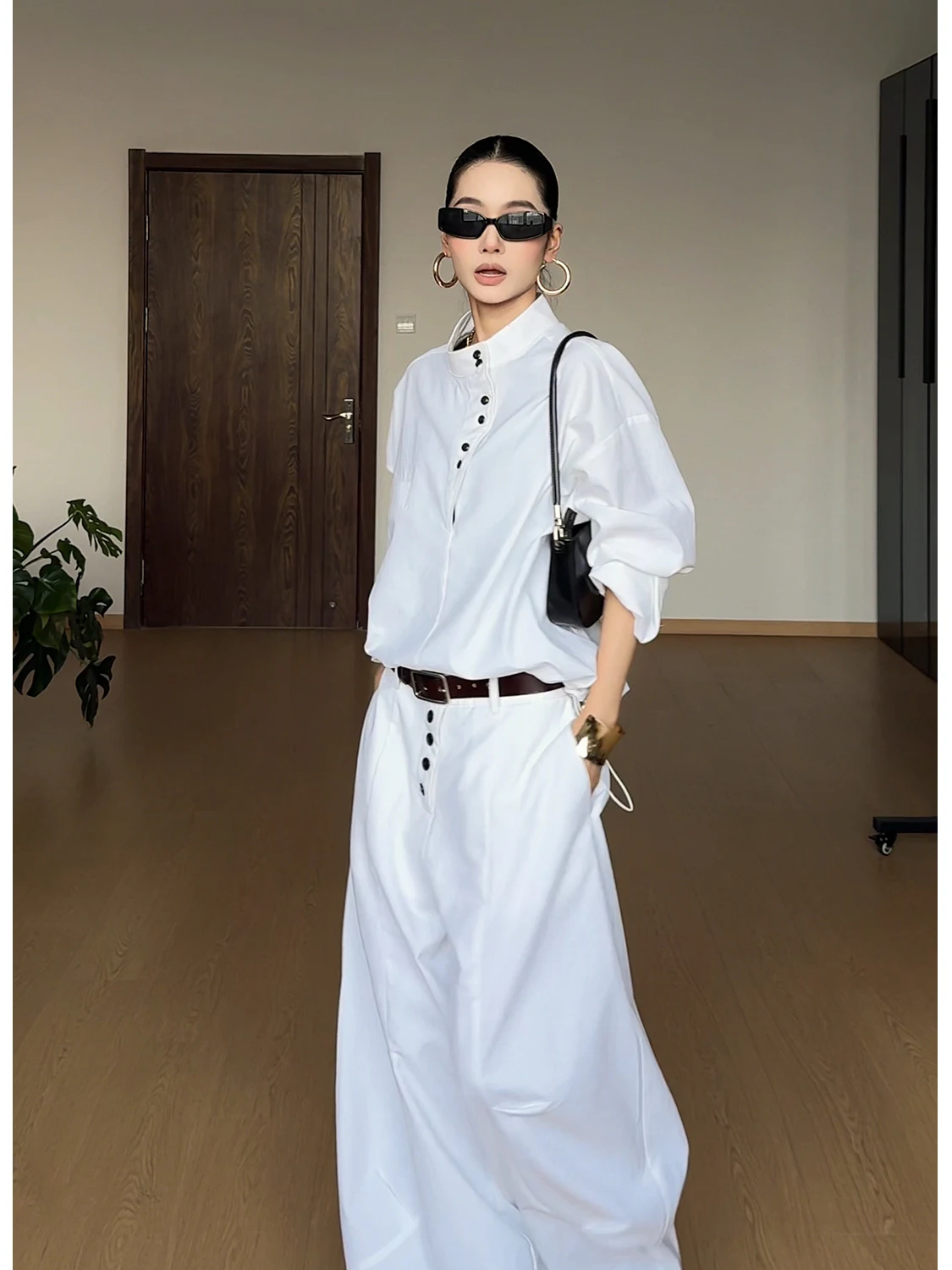 

CIZZLEMORE Moonlight Collection Minimalist Stand Collar Linen Long Sleeve Loose Wide Leg Pants Two Piece Set Spring Fashion W...