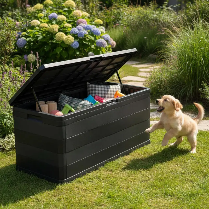 Bac de jardin noir 117×45×56 cm Grand espace de rangement pour organiser les articles d'extérieur, durable pour une utilisation en extérieur sur le long terme.