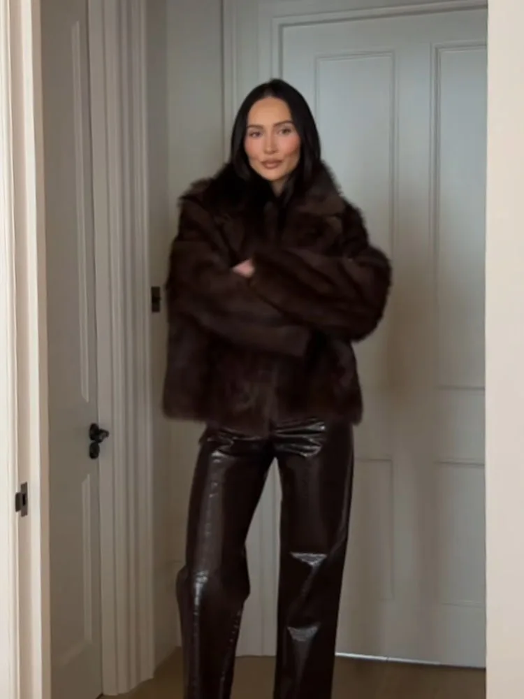 HH Dames Revers Knoppen Zak Lange Mouwen Warm Uitloper Omkeerbaar Nepbont Effect Jas Damesmode Casual Straatjas