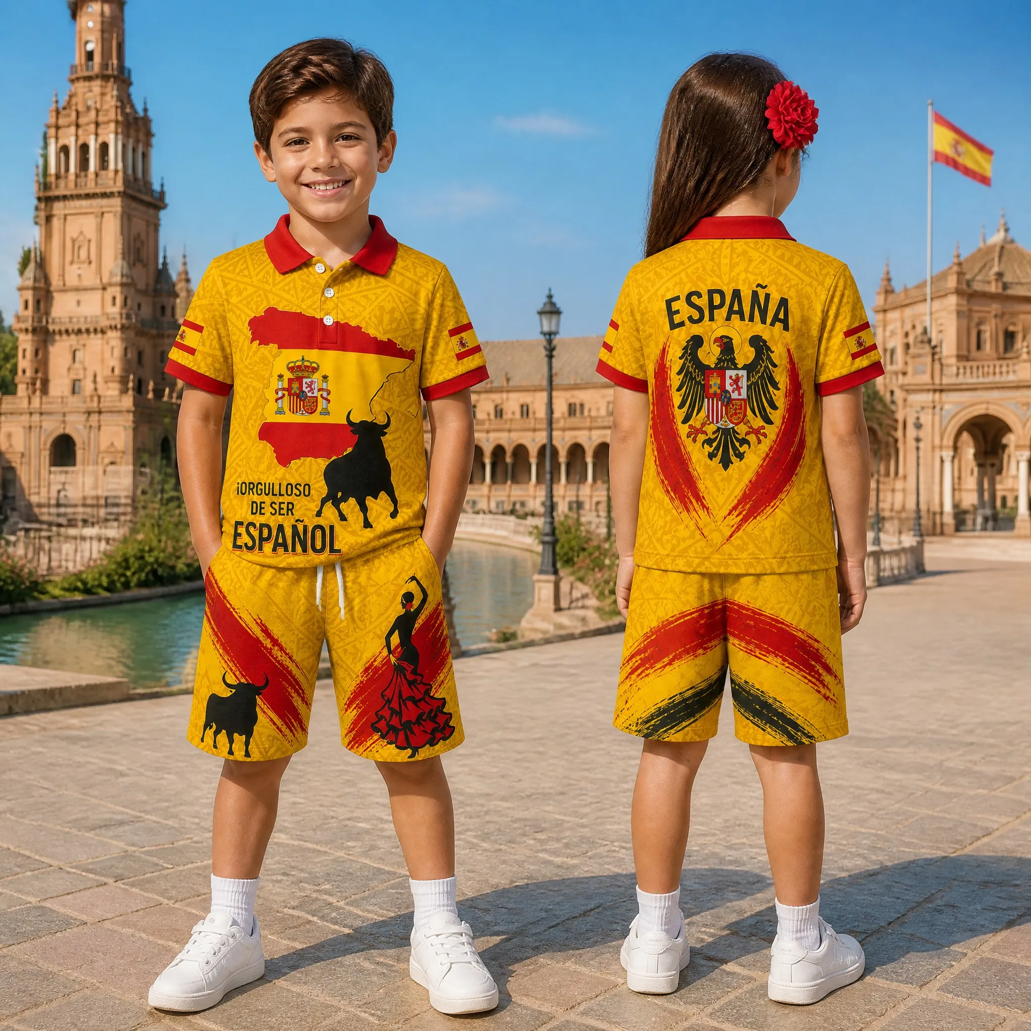 Conjunto de Polo y Pantalones Cortos para Niños, Diseño España, Estilo Flamenco, Ropa de Verano para Niños y Niñas, Estilo Casual para Vacaciones