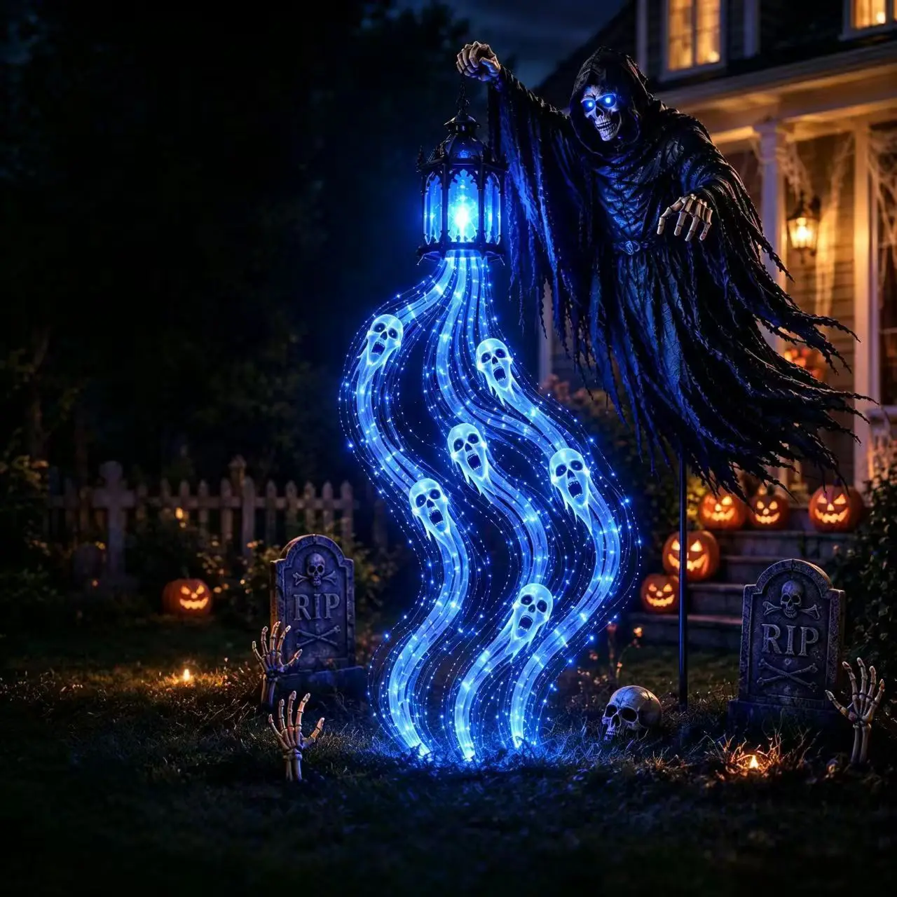 1PC Halloween Soul Harvester Animated Garden Stake Light, Resin Grim Reaper Lantern Glowing Ghost Stake Yard Decoration Ornament