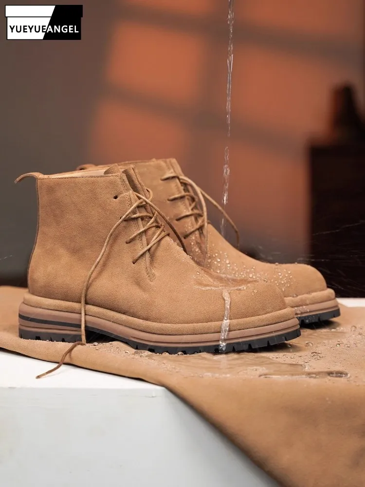 

Autumn New Cow Suede Men Ankle Boots Height Increasing Lace-Up High Top Shoes Retro Casual Thick Soled Desert Footwear Hot Sale