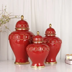 Red Ceramic General Jar Vintage Ginger Jar Porcelain Handicrafts Storage Tank Flower Vase Home Decoration Accessories