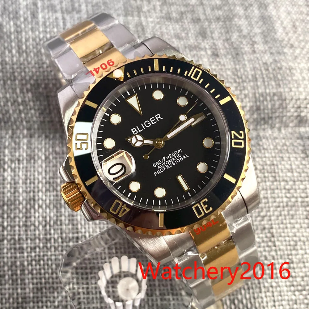 40mm Bliger Left Crown Black Dial Blue Red Bezel NH35A Automatic Movement Model Mens Watch Sapphire Glass two-tone Luminous Hand