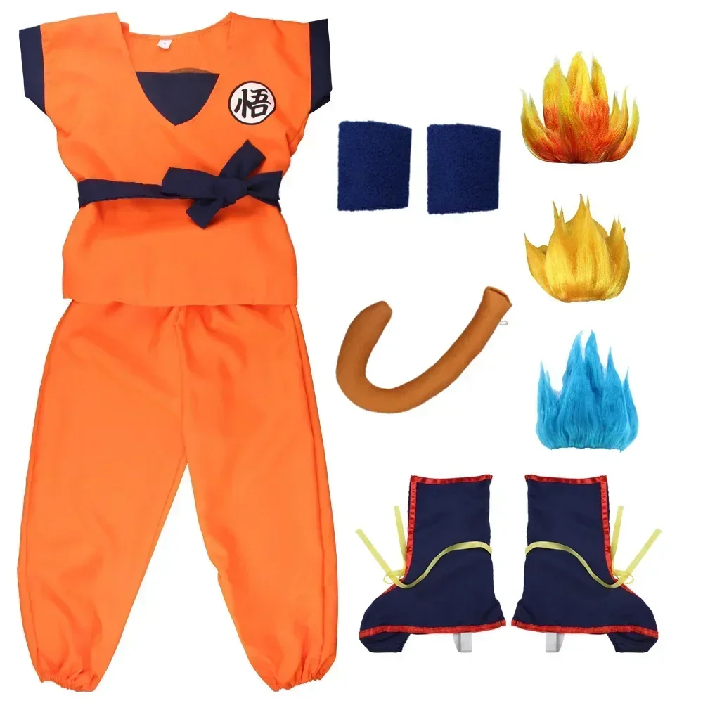 Anime Kinderen Zoon Goku Kostuum Wu Gui Superheld Cosplay Met Blauw Geel Zwarte Pruik Performance Pakken