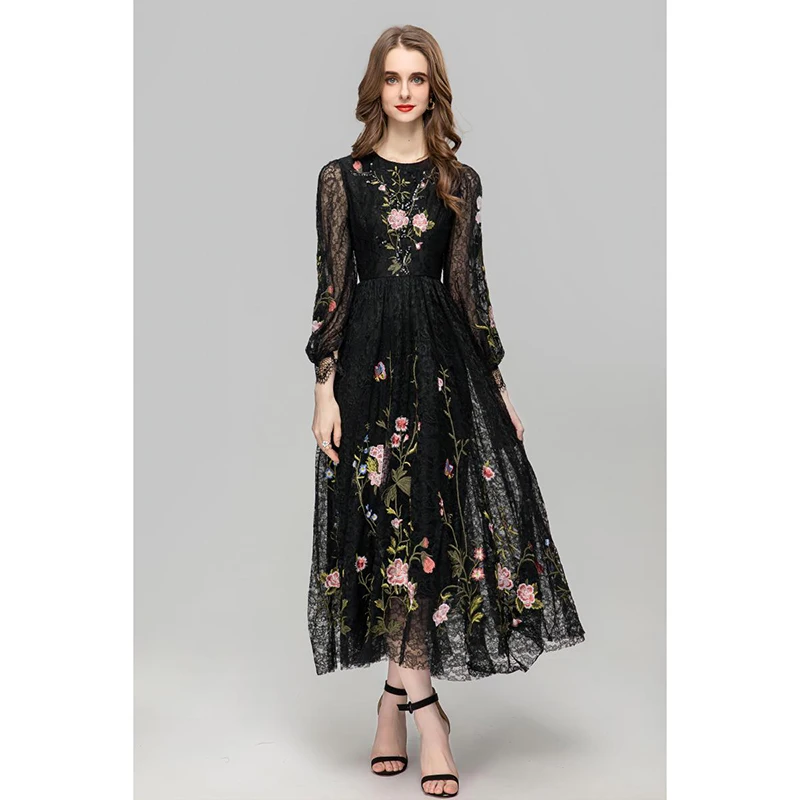 Women Elegant Dress 2023 High Quality Runway O-Neck Long Sleeves Embroidery Long Party Dresses NP1987Y