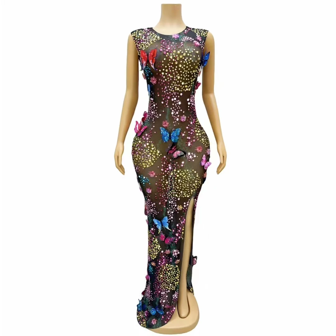 Luxury Colorful Rhinestones Butterfly Mesh Long Dress Halloween Costume Women Prom Evening Celebrate Birthday Photo Shoots Gowns