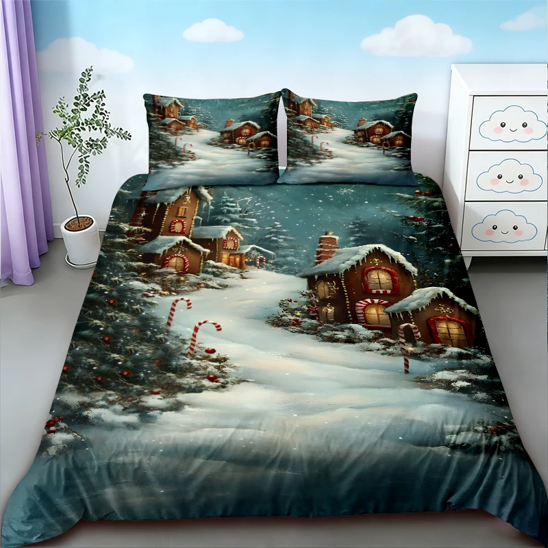 Duvet Cover 3-piece Christmas themed Santa Claus print (1 duvet cover+2 pillowcases, no core) soft and comfortable bedding set