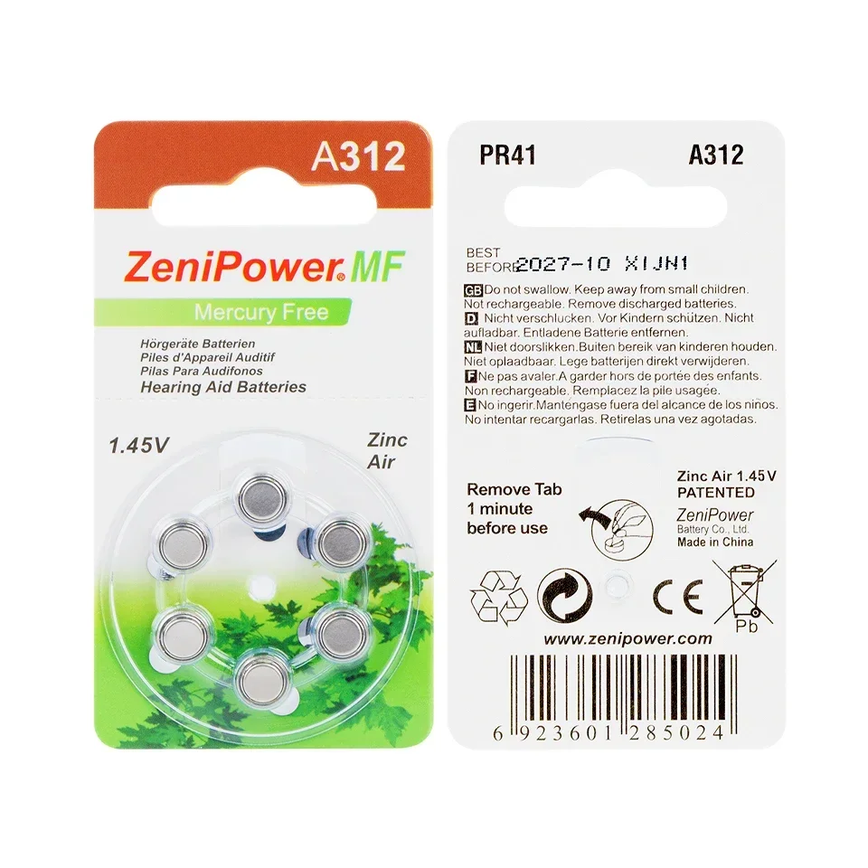 Zinc Air Hearing Aid Battery A312 PR41 S312 ZA312 Replacement Cells For Hearing Aid 60pcs Box Button Battery Pack