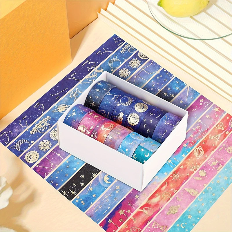 Set di nastri Washi con cielo stellato in lamina d'oro da 12 pezzi-adesivi adesivi Premium per Scrapbooking, artigianato e decorazioni per feste natalizie