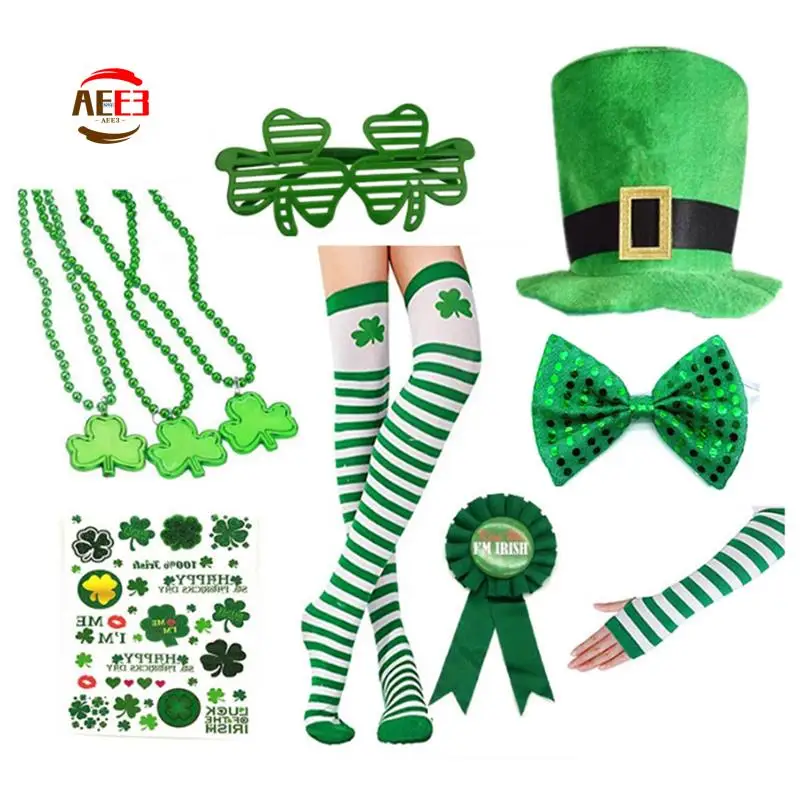 

AEE3-St. День Патрика, набор аксессуаров для костюма для носков Трилистника, перчаток, очков, наклеек, косплей для украшения вечеринки