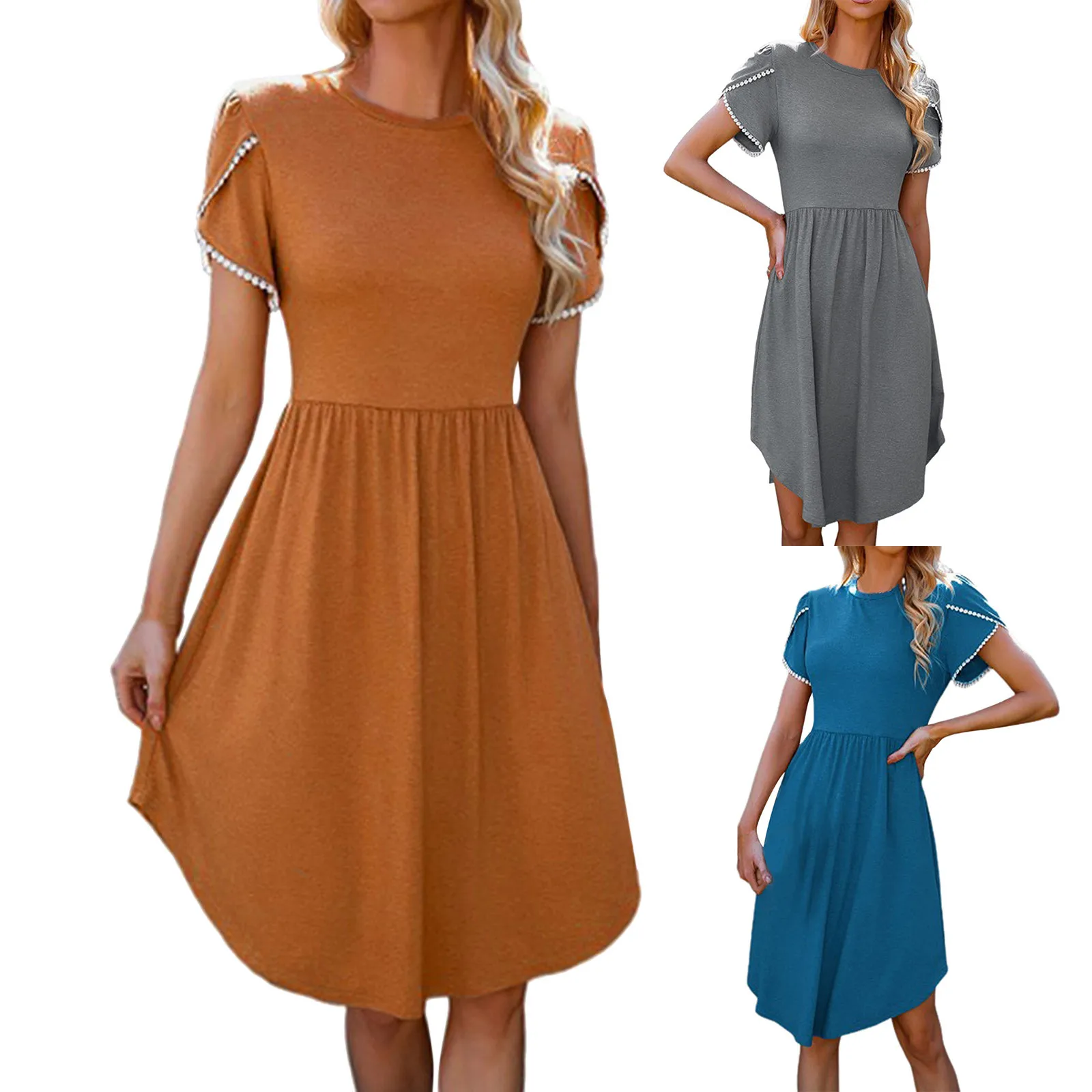 

Ladies Slim Dress Knee Color Solid Pleated Fit Lace Length Sleeve Women's Casual Dresses Mother of The Bride Mid Length Sundress