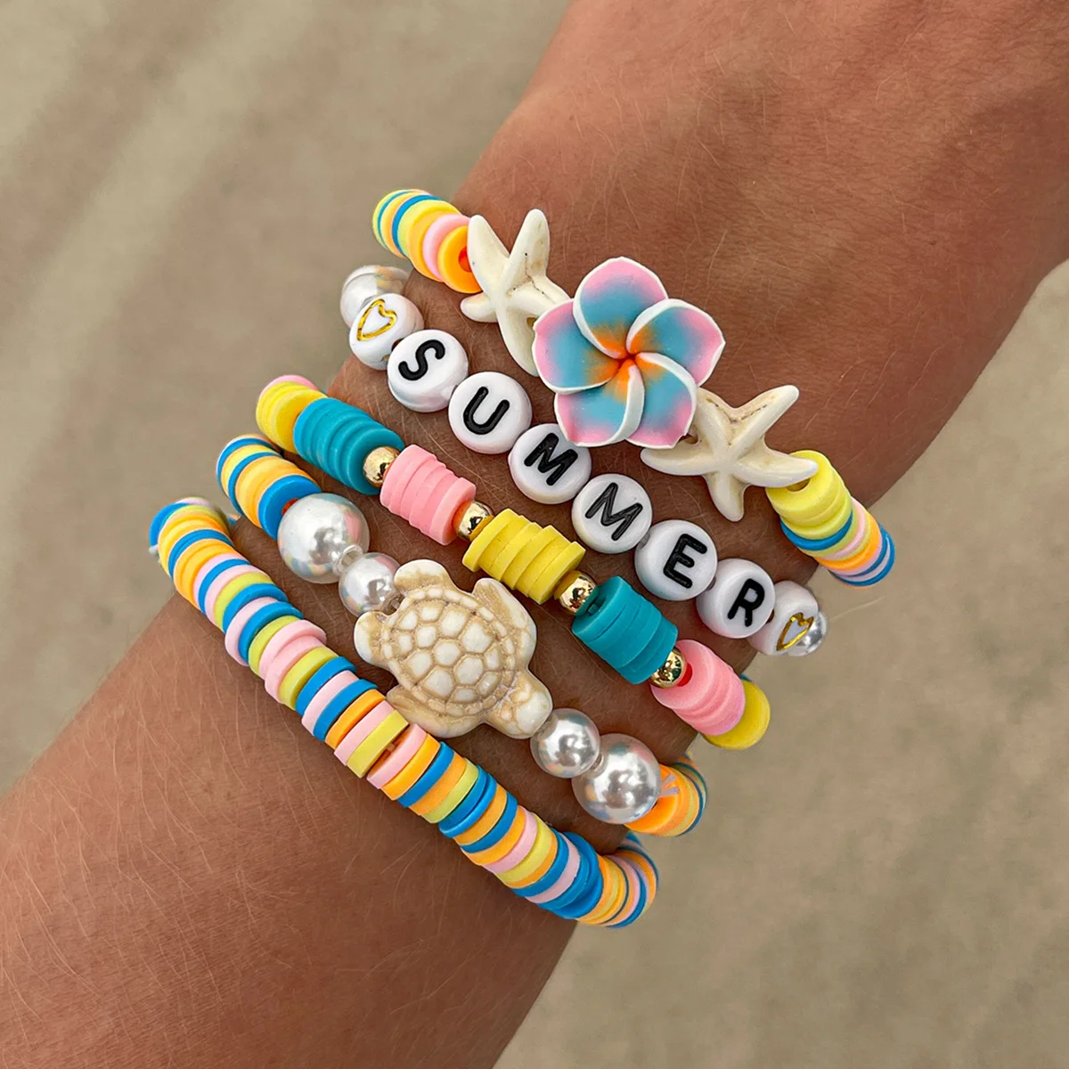 

Boho 5Pcs/Set Romantic Tiny Flower Turtles Chain Y2K Bracelets Women Polymer Clay Charm Bangles Summer Jewelry Set