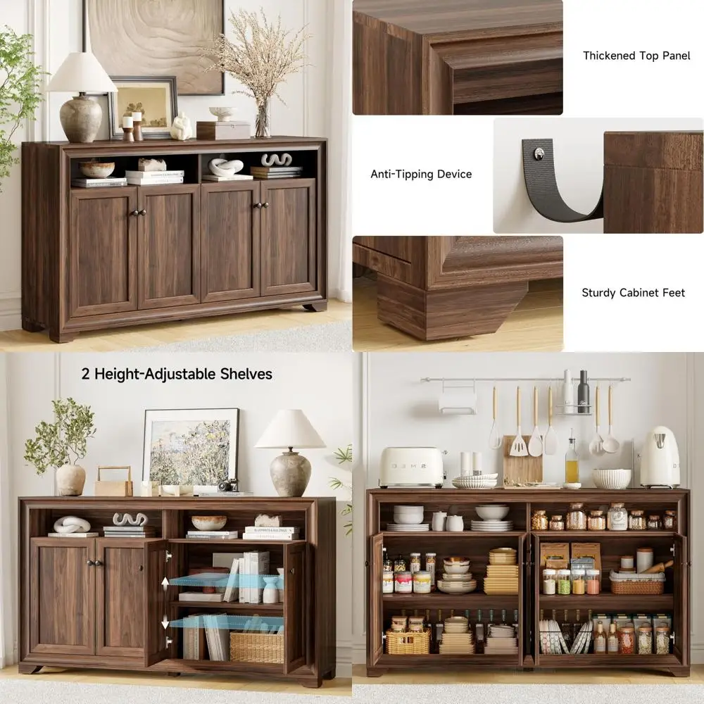 

Large 60-Inch Sideboard Buffet Cabinet with 4 Doors, Storage, Open Shelf, and Adjustable Shelves