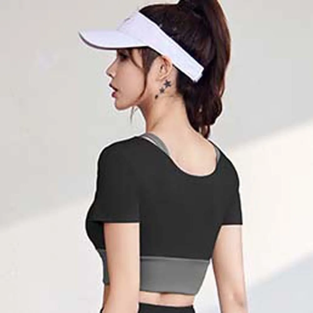 Combined in One Sports Top with Bra Tight Contrast Color Fitness Short-Sleeved Thickened Breathable Yoga T-shirt Jogging