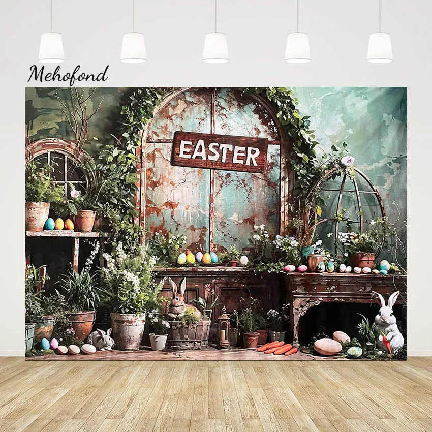 Mehofond  Rabbit Egg Photos Background Easter Newborn Props Spring Arch Door Green Grass Cage Decor Photography Backdrop Shoot