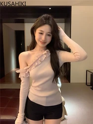 KUSAHIKI Ruffle Edge Skew Collar Long Sleeved Knit Sweater for Women's Spring Slim Korean Niche Base Shirt Spicy Girl Y2k Top