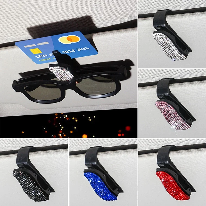 Diamond Car Sun Visor Glasses Sunglasses Bracket Clip Ticket Bill Card Holder Bling Rhinestone Glasses Clip Car Accessories