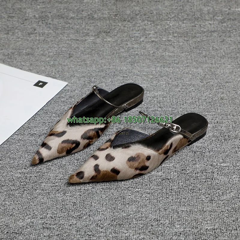 2024 Summer New Style Leather Sexy Fur Leopard Print Half Slippers Pointed Toe Slip-On Outer Slippers