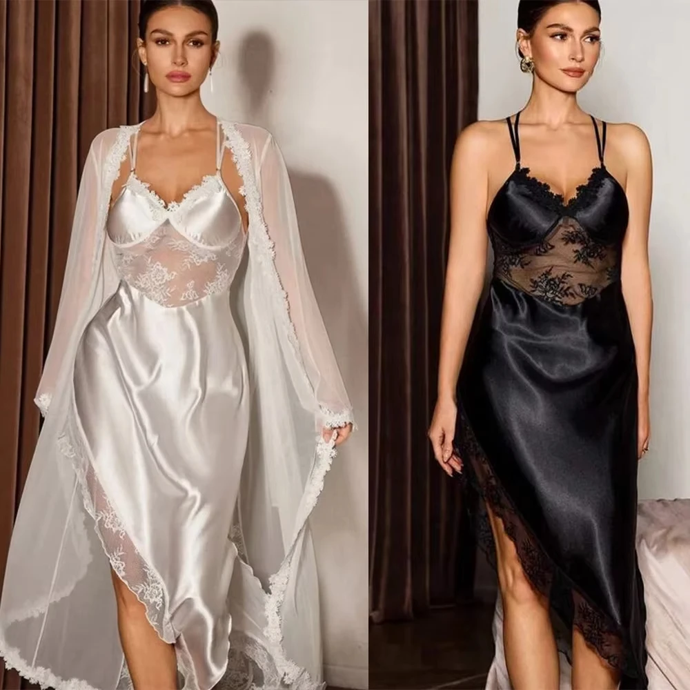 Graceful Sleepwear Women 2 Piece Appliques Split Long Sleeve Wedding Bridal Robe Customized Bridal Boudoir Sleepwear Nightwear