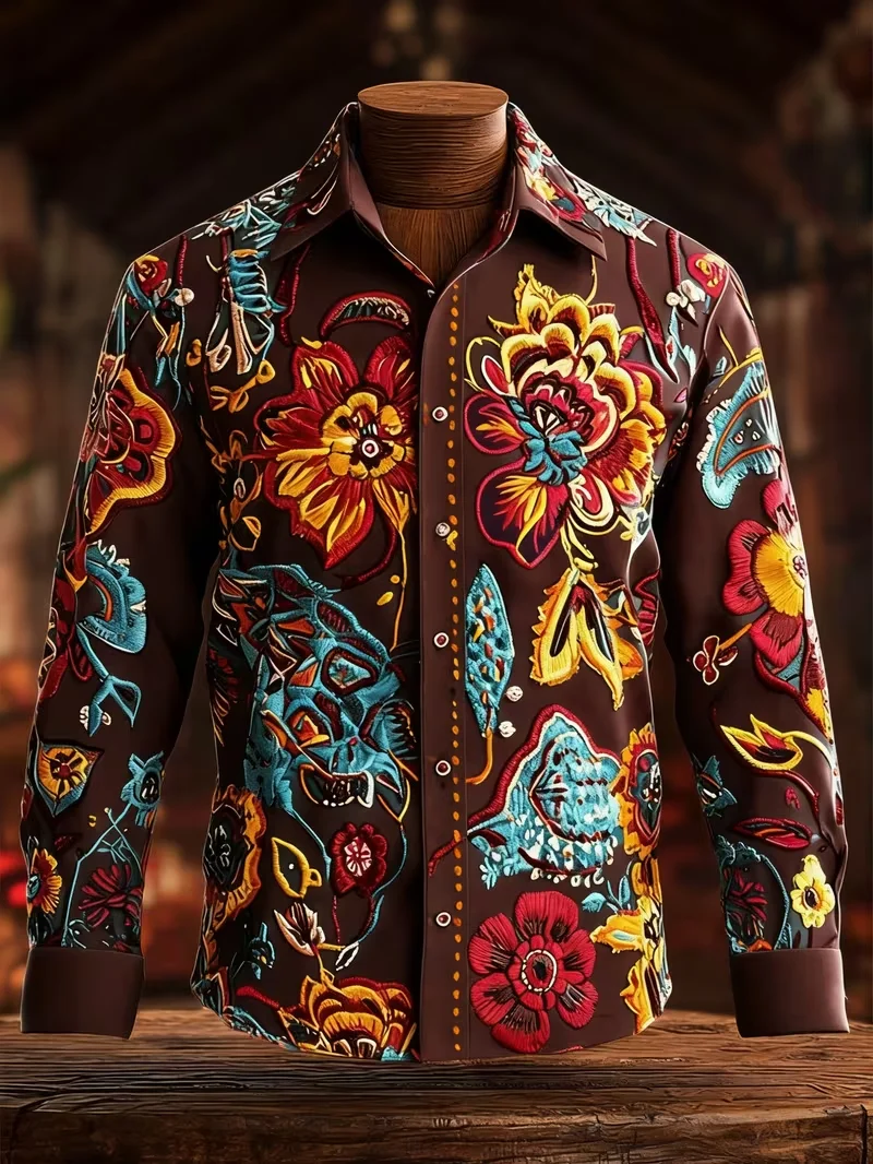 Fashionable Men's Shirt Gothic Skull Crown Queen Poker Black Spades Red Rose Pattern Long Sleeved Slim Fit Club Shirt