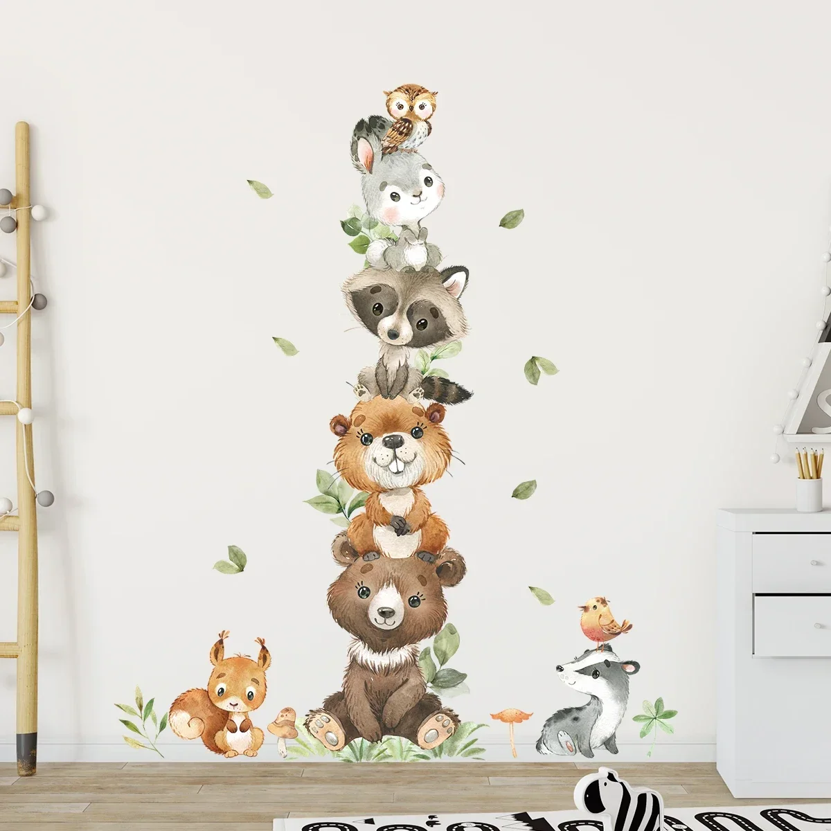 1PC Cartoon Stacked Small Animals Bear Rabbit Raccoon Wall Stickers for Kids Room Bedroom Home Decoration Wall Decor