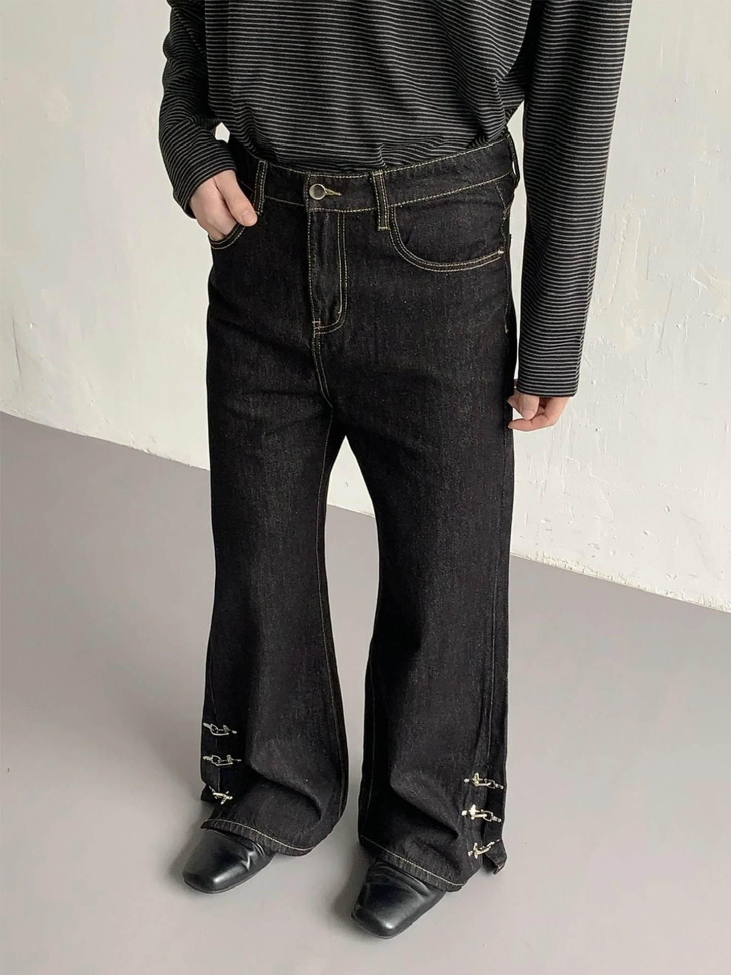 

Premium Feel Plane Bule Original Jeans Men's New Sle Micro Flared Design Bla Pants Trendy mid Waist Denim Jeans