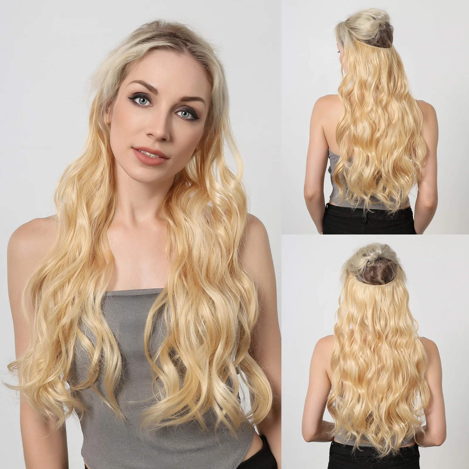 

HAIRCUBE Synthetic Long Wavy No Clip Hair Extensions Blonde Invisible Fish Line One Piece False Hairpiece Heat Resistant Fibre