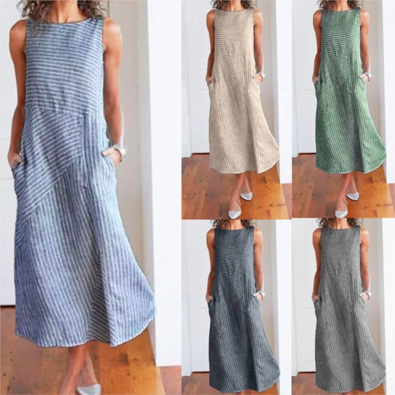 

2025 Women's Retro Striped Round Neck Sleeveless Spliced Loose Dress Simple And Fashionable Cotton Linen And Calf Long Skirt