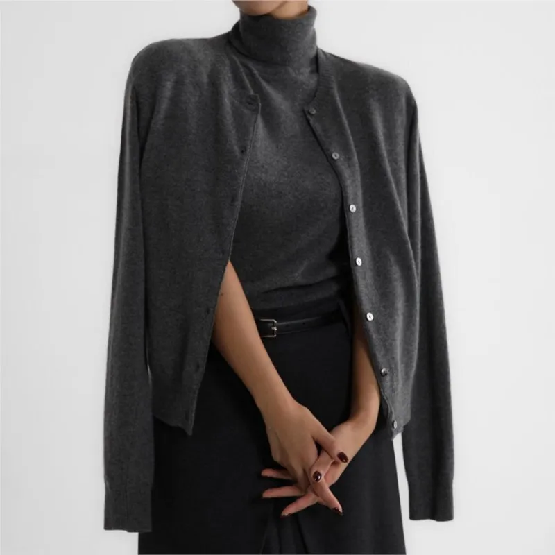 2025 primavera outono casual cor sólida feminino malha superior conjunto de duas peças gola alta sem mangas casaco inferior + moda cardigan topo