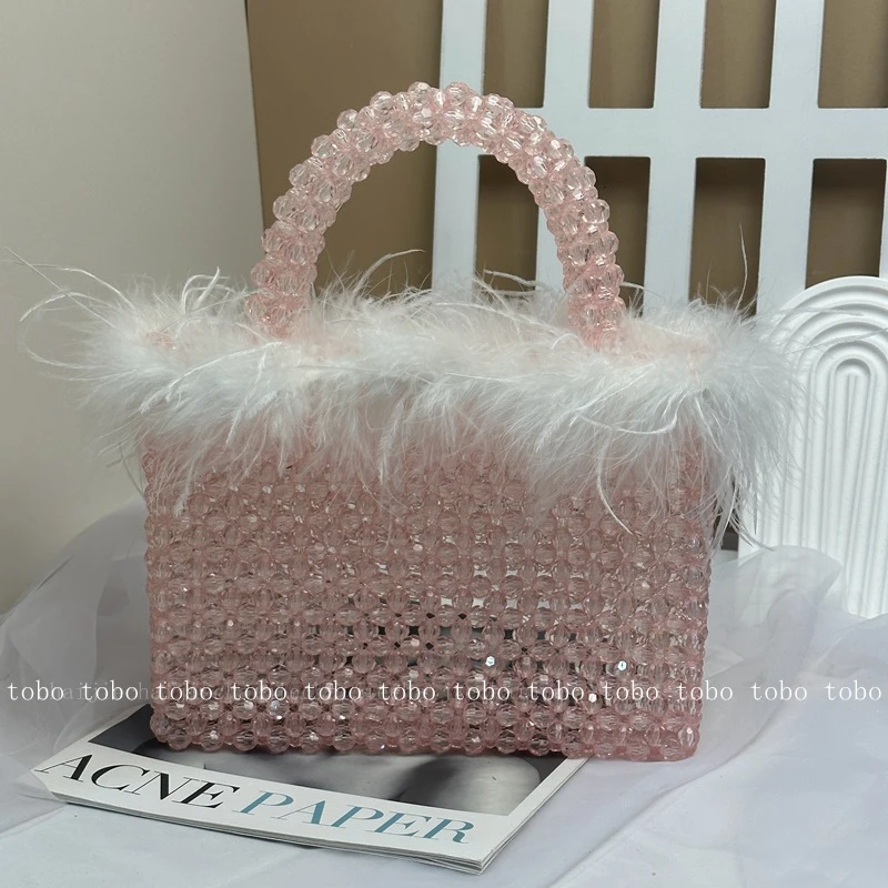 

Handwoven Transparent Beaded Woven Totes for Women Pink Luxury Designer Handbag with Feathers Retro Purses and Handbags